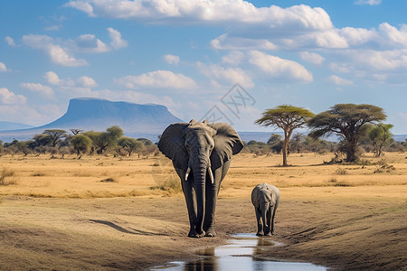 非洲草原上的大象母子背景图片