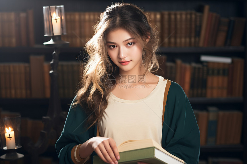 书店中优雅美丽的年轻女子图片