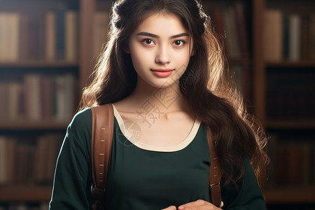 图书馆中甜美的女大学生背景图片