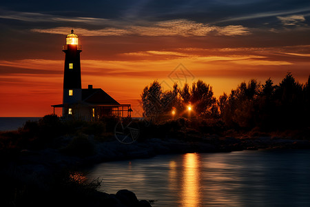 日落时分的海边灯塔剪影背景图片