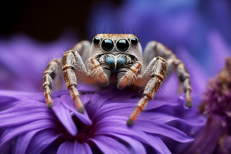 水汪汪大眼紫色小花上的蜘蛛背景