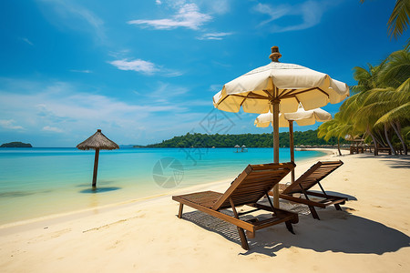 夏季沙滩上惬意的度假椅背景图片