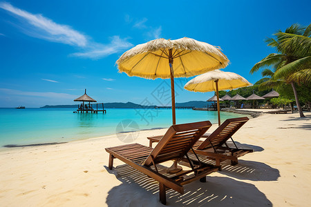 夏季度假沙滩上的遮阳椅背景图片