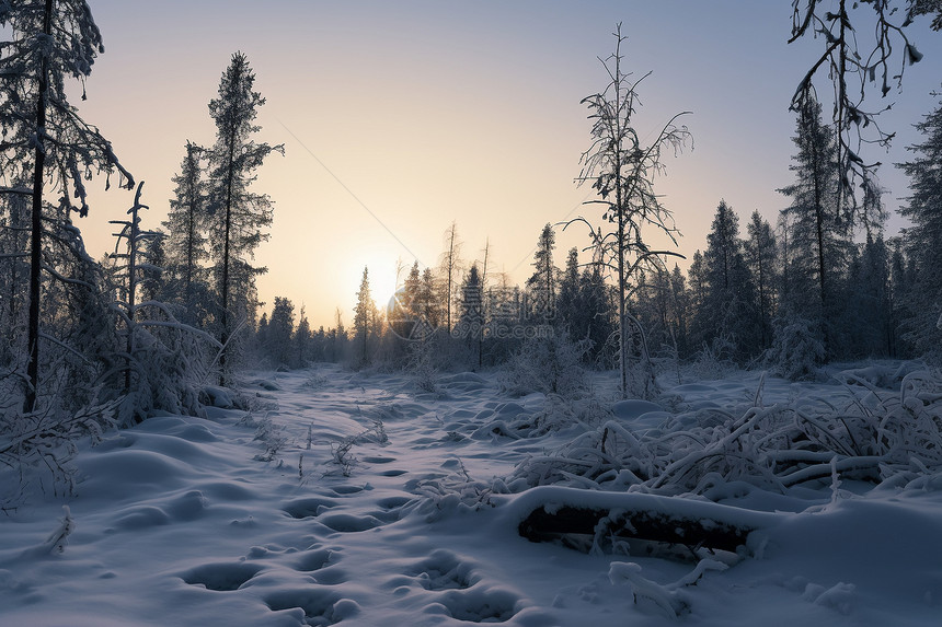日落下美丽的雪后树林图片