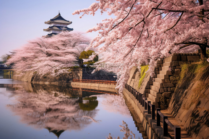 春季樱花公园中平静的湖面图片