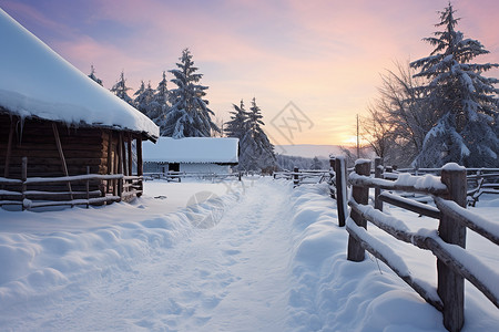 冬季山间村庄的木屋背景图片