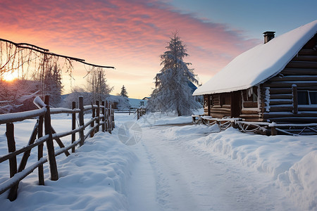 冬季黄昏下的木屋背景图片