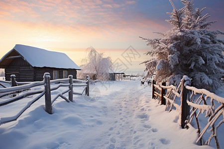 冬季乡村牧场中的木屋背景图片