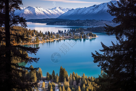 美丽的湖中岛屿景观背景图片