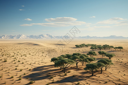 干涸的沙漠一望无际沙漠中的绿洲背景