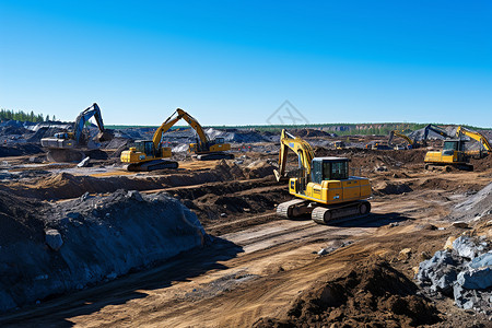 施工挖掘机现场正在开采作业的煤矿背景