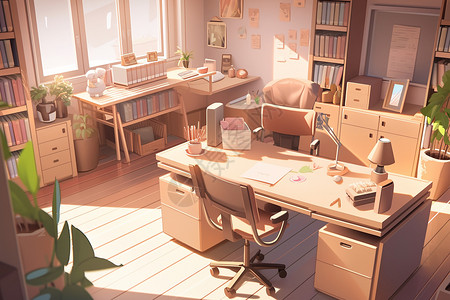 凌乱的办公桌洒满阳光的现代办公室插图插画