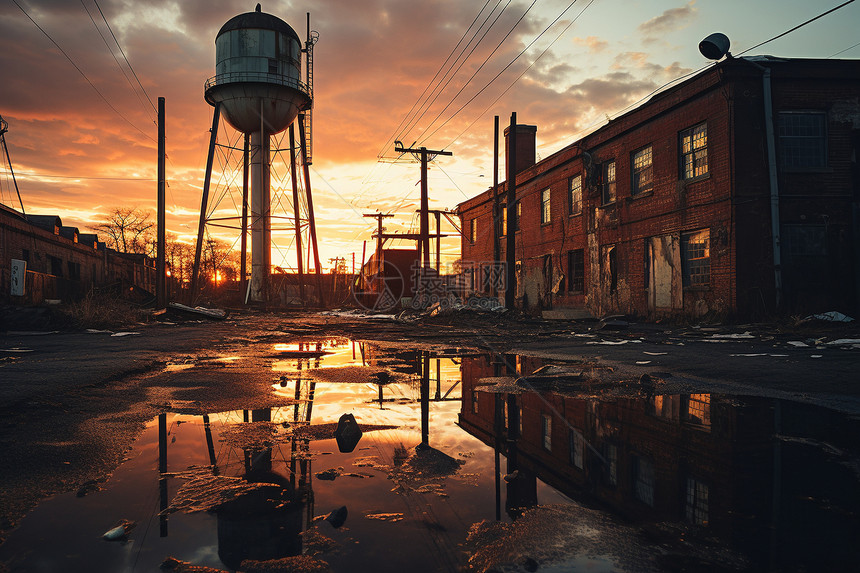 日落时分的破旧工厂建筑图片