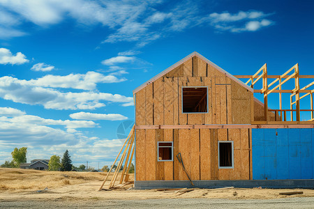 蓝天下的木质房屋建筑背景图片