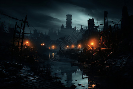 火光中的老旧工厂厂区背景图片