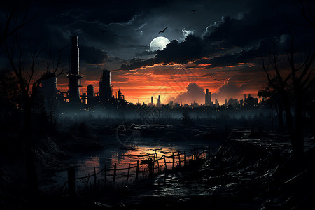 夕阳下的工业工厂剪影背景图片