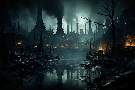暗夜中的废弃厂区背景图片