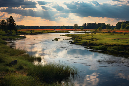 夏季乡村湿地景观背景图片