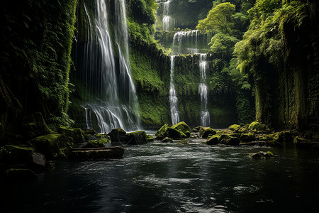 翠绿瀑布的壮观景象背景图片