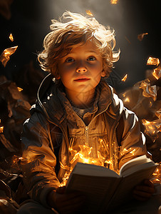 沉浸书海阳光照耀的小男孩背景图片