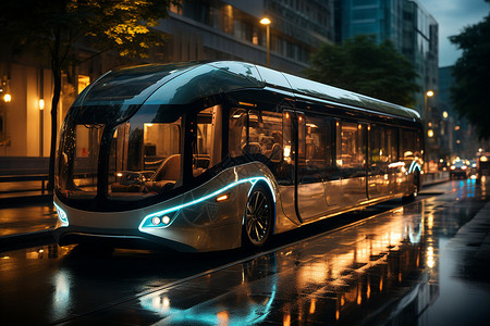 城市夜景中的未来巴士背景图片