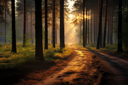 清晨阳光明媚的森林景观背景图片