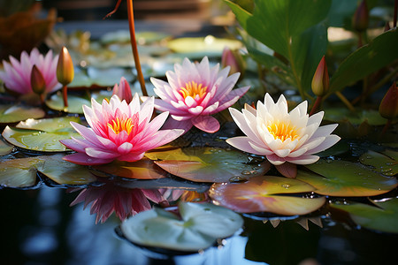 公园池塘绽放的美丽莲花背景图片