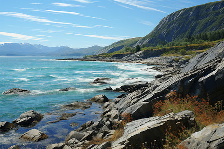 海岸边的岩石山脉景观背景图片