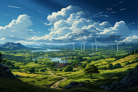 乡村山谷中的风车发电厂背景图片