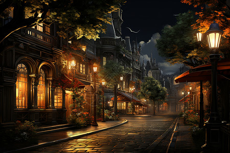 夜晚微弱灯光下的古镇街道背景图片