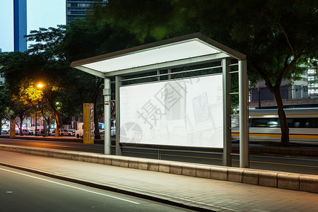 广告空白素材夜晚巴士站的广告牌背景