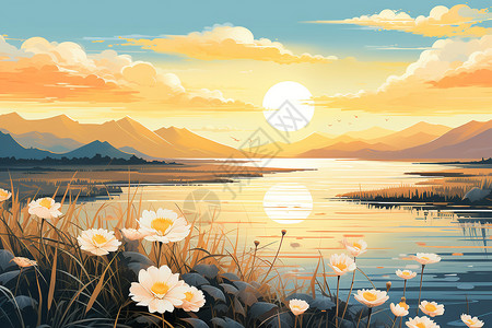 秋日湖畔的美景背景图片