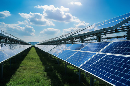发电技术草地上的太阳能电池板背景