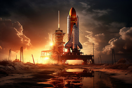 夕阳余晖下的火箭背景图片