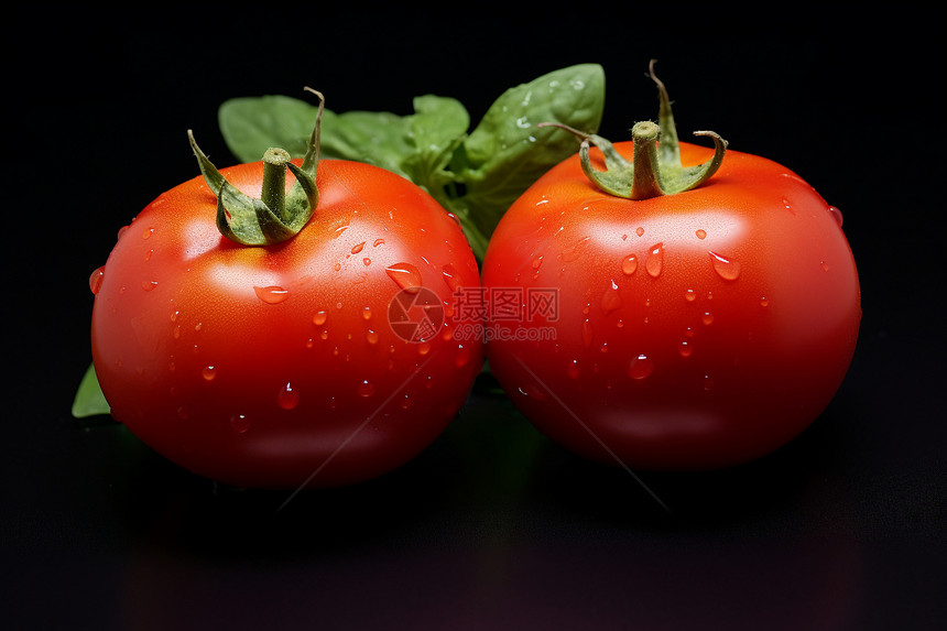 两个带有绿叶的番茄图片