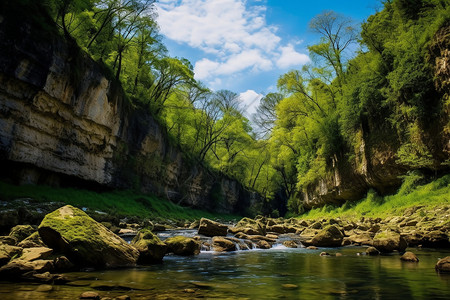 清澈溪流青山绿树背景图片