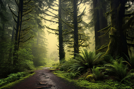 苔藓地森林之路背景