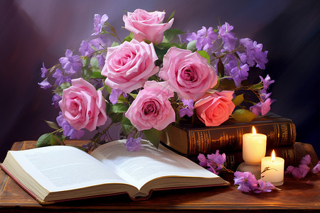 桌上的鲜花和书本背景图片