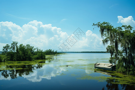 郊外的湖泊和植物背景图片
