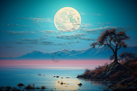 宁静山水湖畔月色背景图片