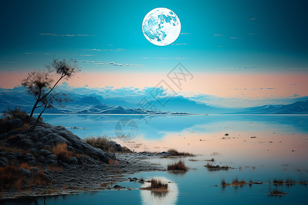 湖畔的明月之景背景图片