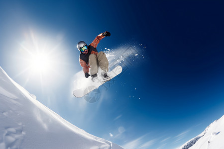 男人跳跃雪中的雪板者背景