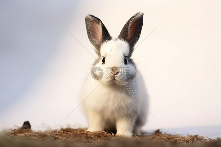 一只白兔在白色墙壁旁图片
