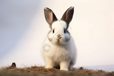 一只白兔在白色墙壁旁背景图片