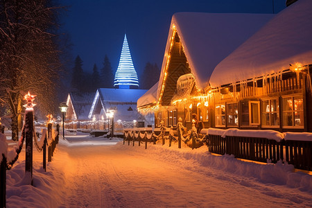 教堂街冬夜雪街圣诞树与教堂背景