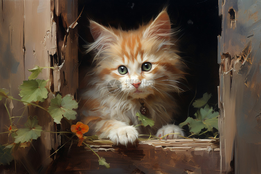 可爱猫咪的油画作品图片