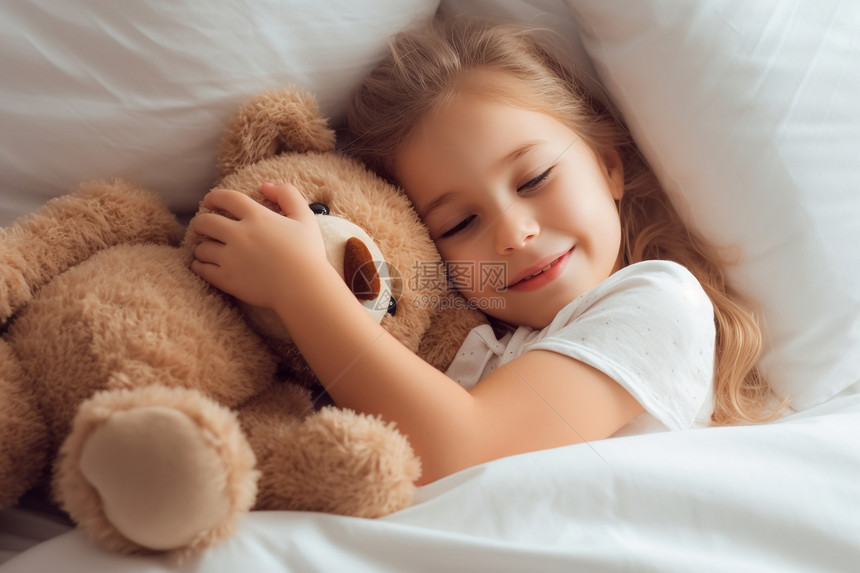 床上睡觉的小女孩和小熊图片
