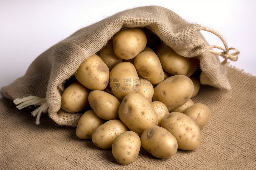麻袋中新鲜健康的土豆图片
