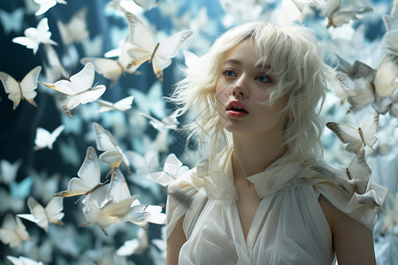少女与白蝴蝶背景图片