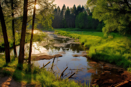 小溪旁的绿色树木背景图片